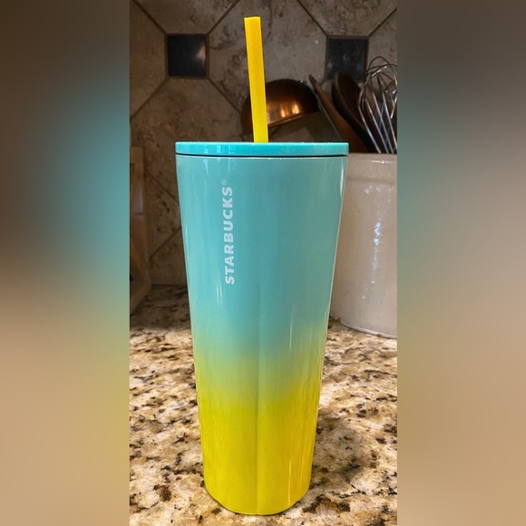 Starbucks Ombre Scalloped Stainless Tumbler Yellow Blue Steel Cup 24oz NWT 2021 - Picture 5 of 11